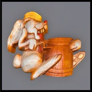 Vintage Carved Wooden Bunny Figurine with Butter Churn | Folk Art Style